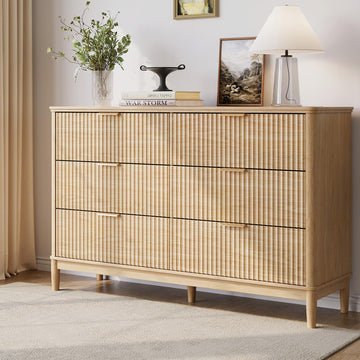 Fluted Dresser with 6 Drawers, 54" Wide Mid Century Modern Dressers, Tall Boho Chest of Drawers, Large Wood Accent