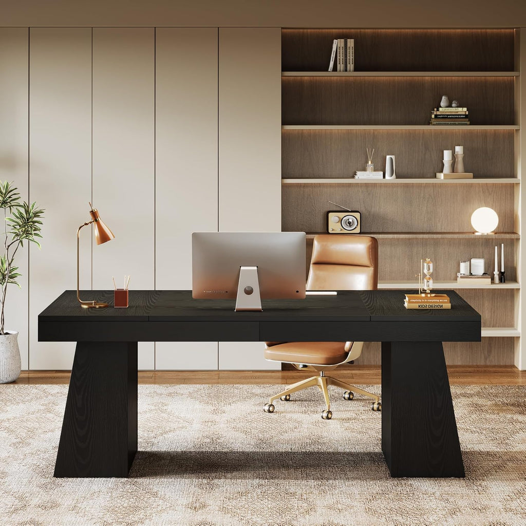 55-Inch Executive Desk, Thick Wood Office Computer Desk with Double Pedestal