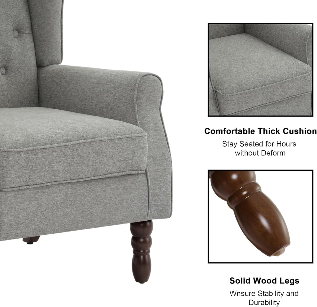 Button Tufted Wingback Accent Chair, Light Grey, Set of 1 | High Back with Side Wings | Armrest Nailhead Trim | Solid