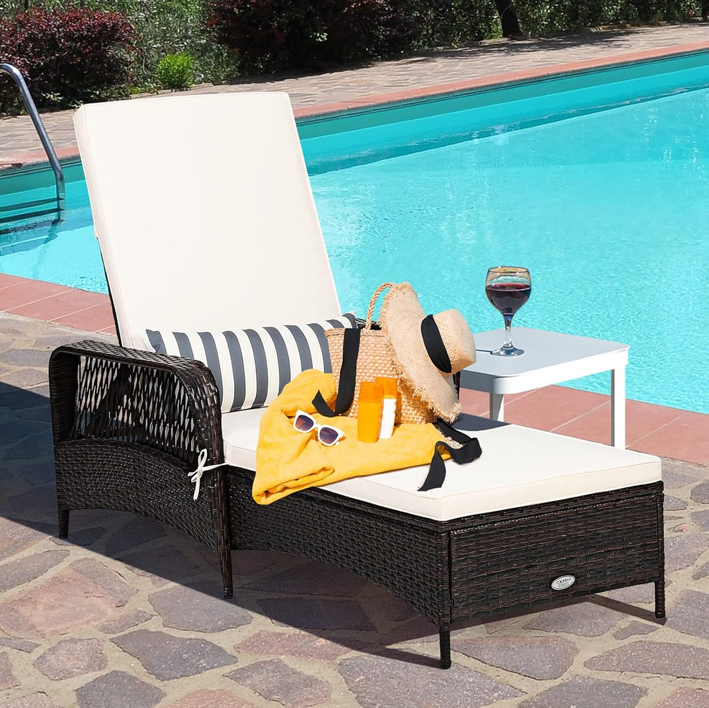 PE Rattan Chaise Lounge Chair, 6 Gear Adjustable Recliner with Armrest & Pillow, Wicker Outdoor Furniture for Deck