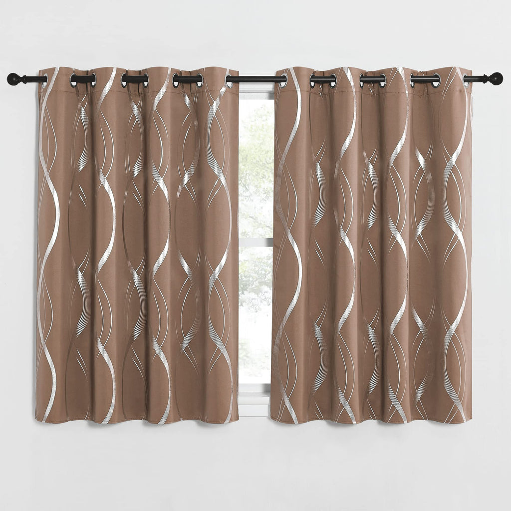 Blackout Short Curtains Panels, Microfiber Noise Reducing Thermal Insulated Wave Line Foil Print Design Blackout