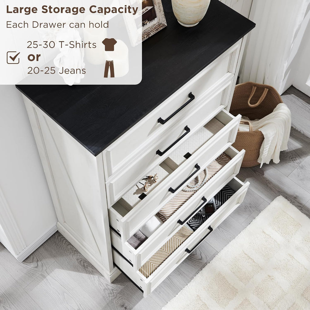 Farmhouse 5 Drawers Dresser Chests , Antique White | 46" Tall, Wood Rustic Chest of Drawers, Wide Metal Handle