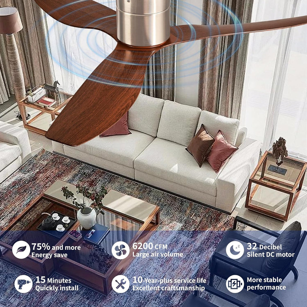 52" Low-Profile Modern Ceiling Fan with Remote – Brown & Brushed Nickel, 3-Blade, DC Motor, No Light