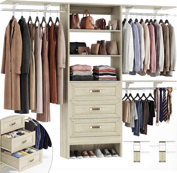 8FT Closet System with 3 Curved Drawers, 96'' Wooden Walk-in Closet Organizer with 3 Top Shelves, Adjustable