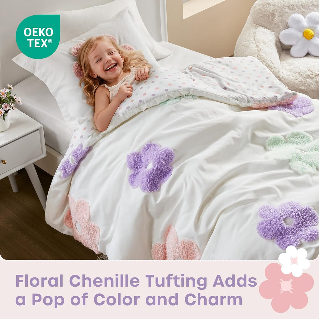 Kids Comforter Set for Girls, Tufted Chenille Floral Comforter Set, Lightweight Polka Dot Comforter