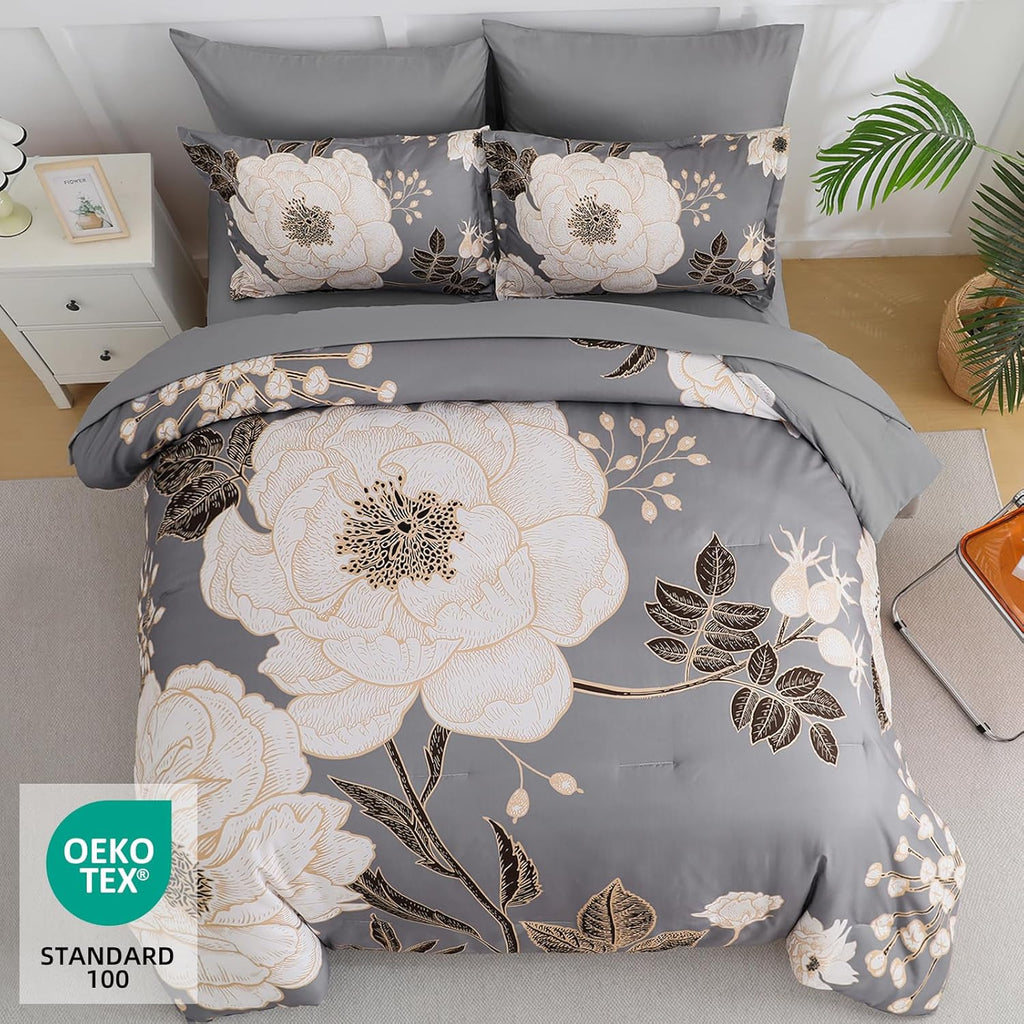 Floral Comforter Set 7 Pieces Bed in a Bag, White Flower Print on Grey Bedding Set