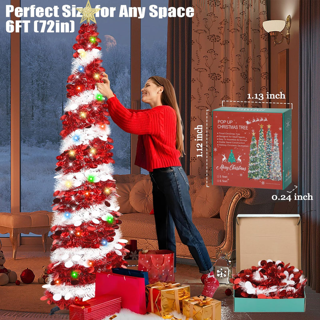 6 FT Pop Up Tinsel Christmas Tree with 100 Colored Timer Lights & Remote, Red White Collapsible Artificial Pencil