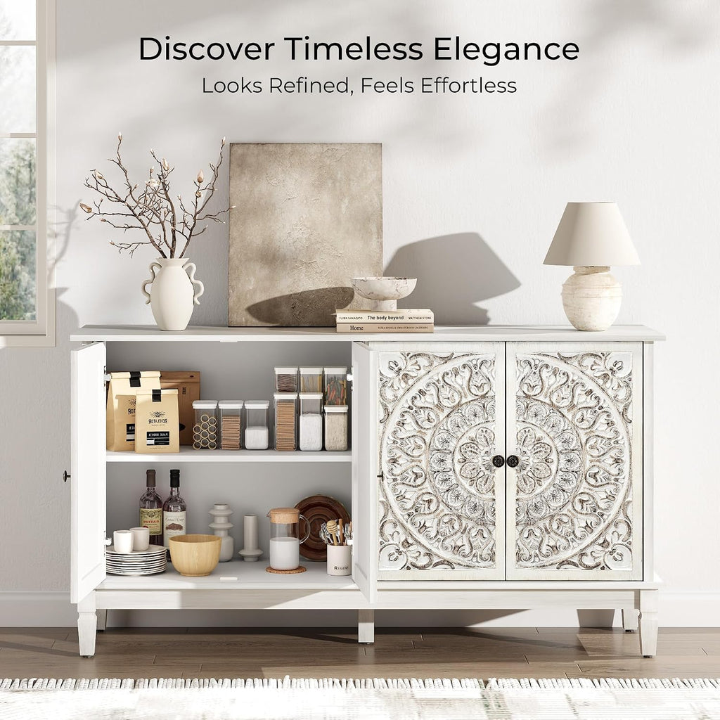 Buffet Cabinet with Storage, Accent Cabinet with 4 Carved Doors, Solid Wood Sideboard with Adjustable Shelf, Vintage