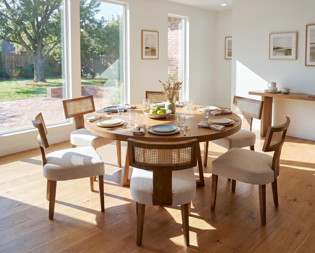 Rattan Dining Chairs Set of 4, Mid Century Modern Dining Chair Upholstered Linen Fabric Kitchen Side Chair, Modern