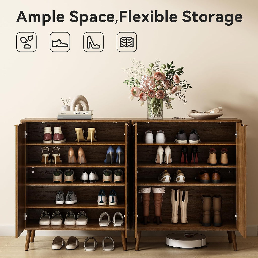 Fluted Shoe Cabinet with Doors, 5-Tier Shoe Storage Cabinet with Adjustable Shelves, Wooden Freestanding Shoe