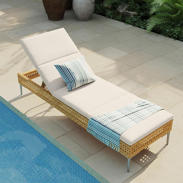 Wicker Outdoor Chaise Lounge, 3 Adjustable Positions, Cream | 3-position recline wicker chaise lounge, weatherproof