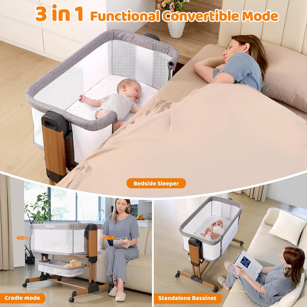 3-in-1 Baby Bassinet, Rocking Baby Bassinets Bedside Sleeper, Adjustable Portable Crib for Newborn Infant with Wheels