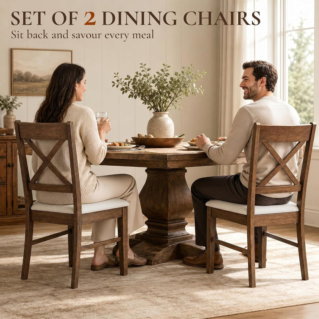 Dining Chairs Set of 2, Upholstered Kitchen Chairs with Rubberwood Frame, Padded Seat and Cross Back for Living Room