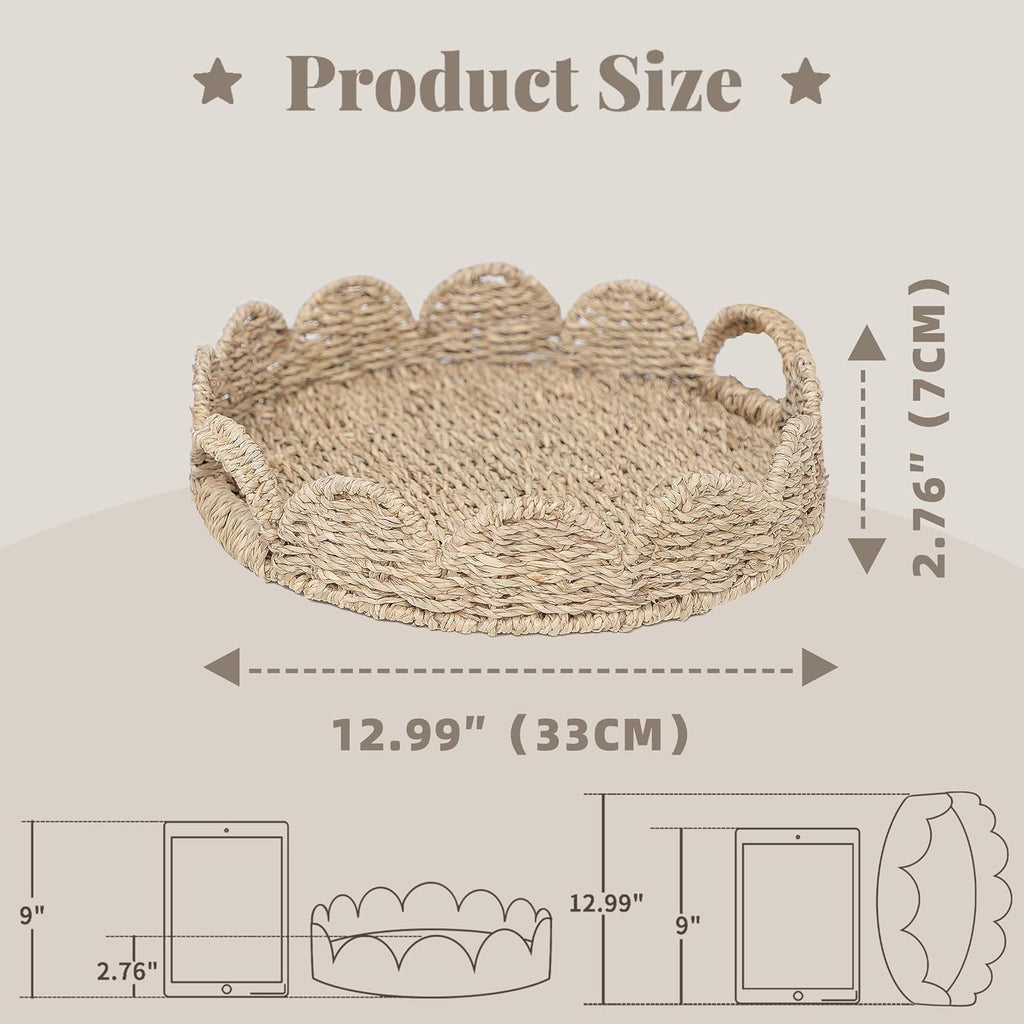Seagrass Scalloped Tray with Handles,Round Rattan Serving Trays for Coffee Table,Woven Tray for Ottoman Decorative