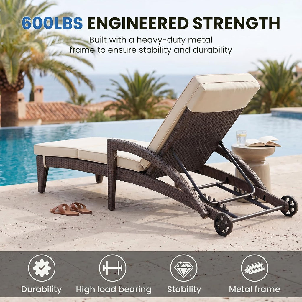 Chaise Lounge Chairs Set of 2, Upholstered 5-Positions Adjustable Lounge Chairs, Wicker Outdoor Long Reclining Chaise