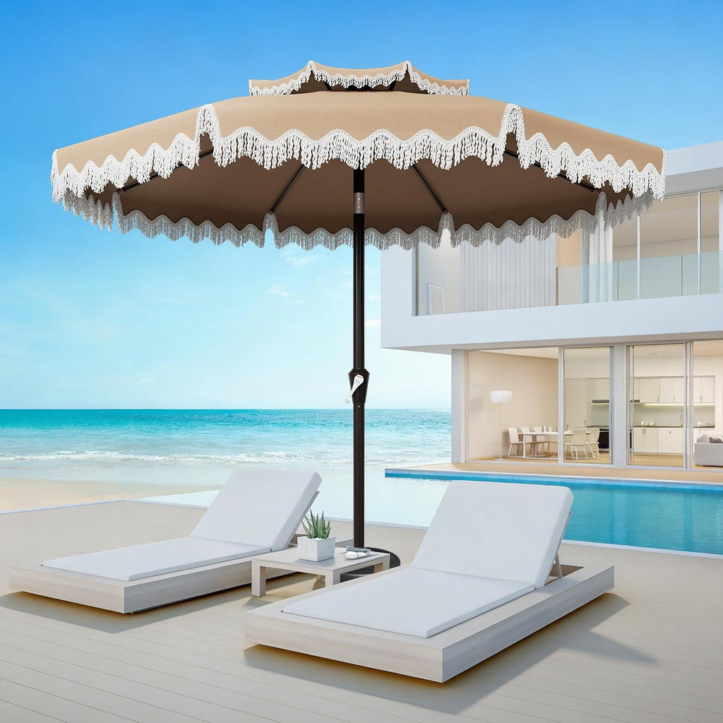 9ft Patio Umbrella with Fringe Tassels, Wind-Resistant Fiberglass Ribs - Beige