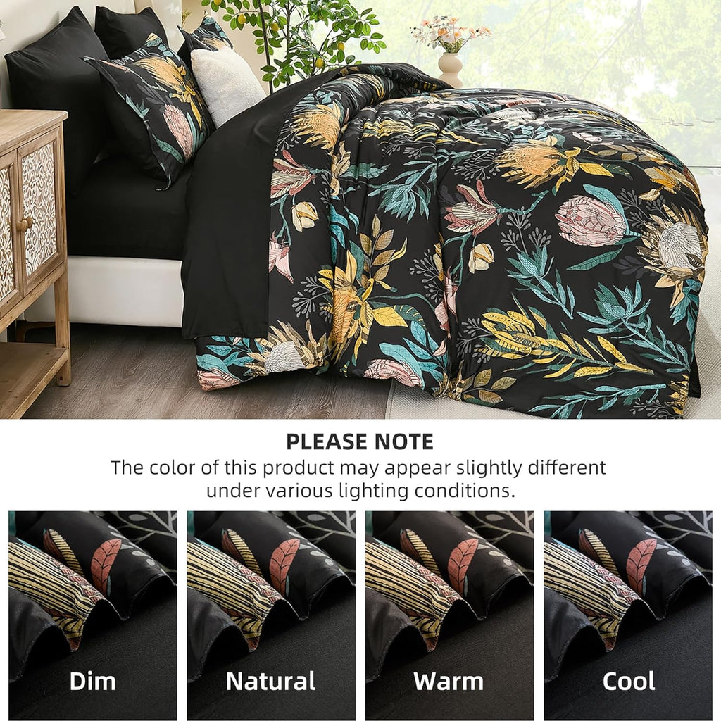 Comforter Set 7 Pieces Bedding Sets, Black Floral Comforter and Sheet Set