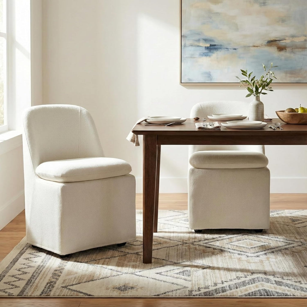 Upholstered Dining Chairs with Casters, Washable Cover Modern Dining Room Chairs with Thick Cushion & Sturdy Metal