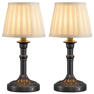 Mottled Silver Cordless Table Lamps Set of 2, Beige Fabric Shade Light