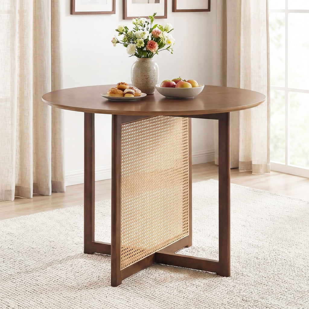 37.5" Round Dining Table for 2-4, Farmhouse Kitchen Table with Solid Rubberwood Pedestal & Rattan Base, Modern Small