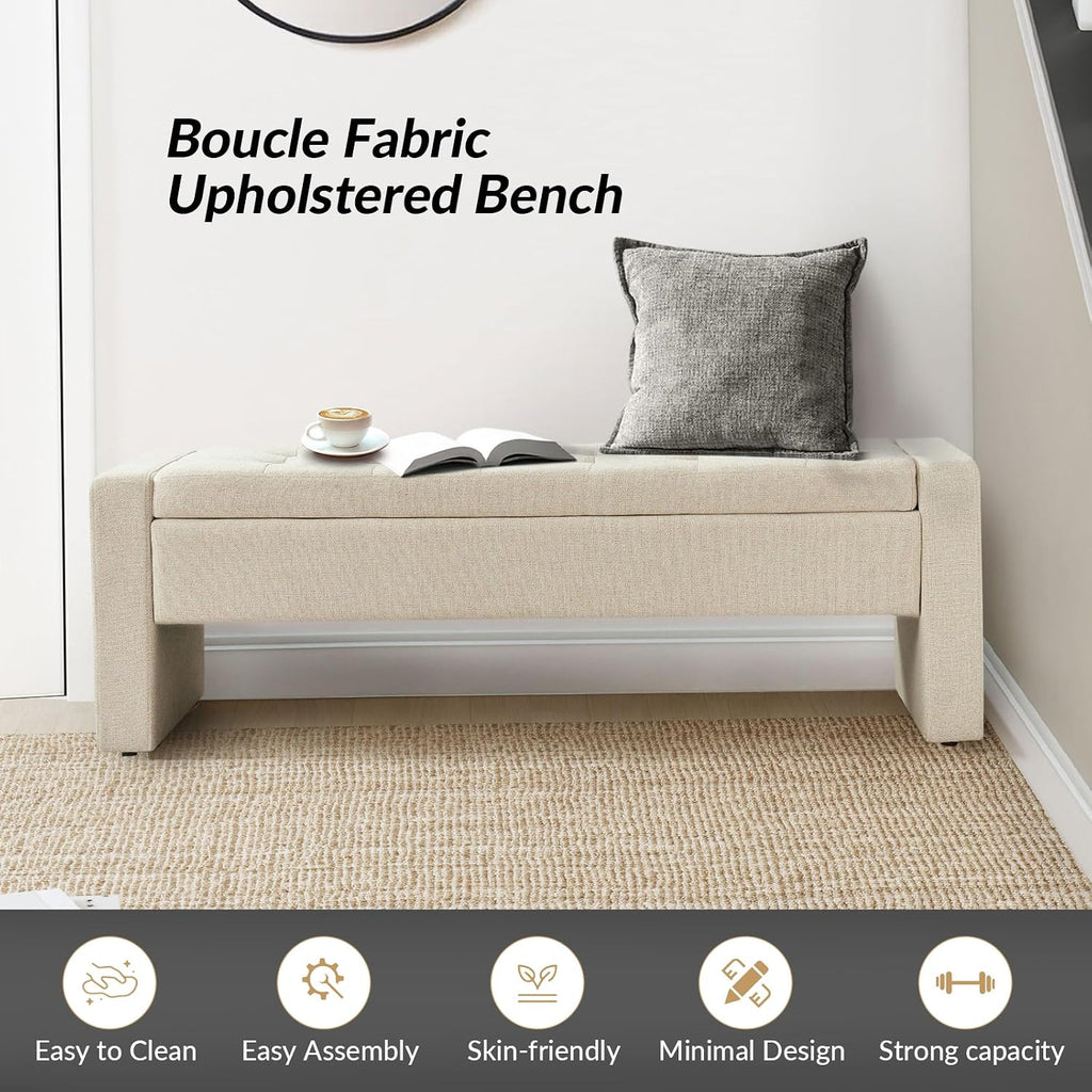 55" Modern Upholstered Storage Bench with Tufted Seat, Fabric Ottoman Bench , or Living Room, Soft Close Hinge,Linen