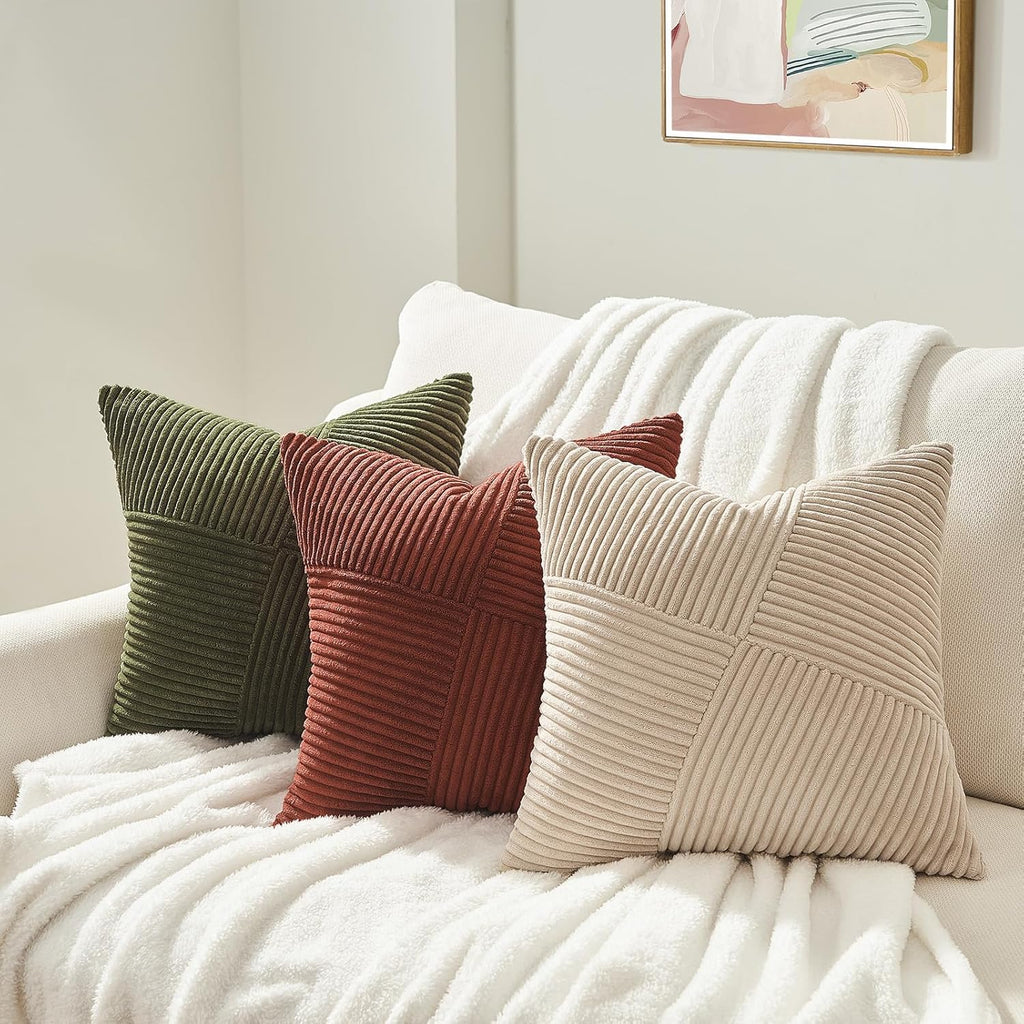 Olive Green Decorative Throw Pillow Covers Set of 2 18x18 Inches, Boho Aesthetic Home Decor, Soft Corduroy Striped