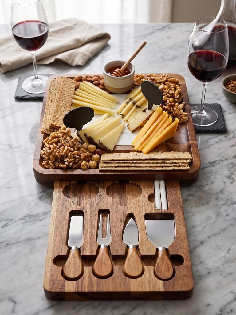 Premium Acacia Cheese Board Set with Slide-Out Drawer & 4 Cheese Knives, Charcuterie Board with Marble-Style Insert
