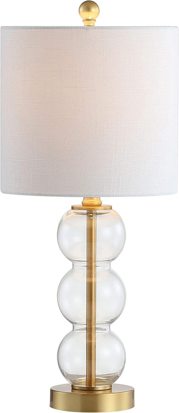 21" Clear/Brass Gold Glass Table Lamp and Living Room, White Linen Shade, Modern Stacked Sphere Beds