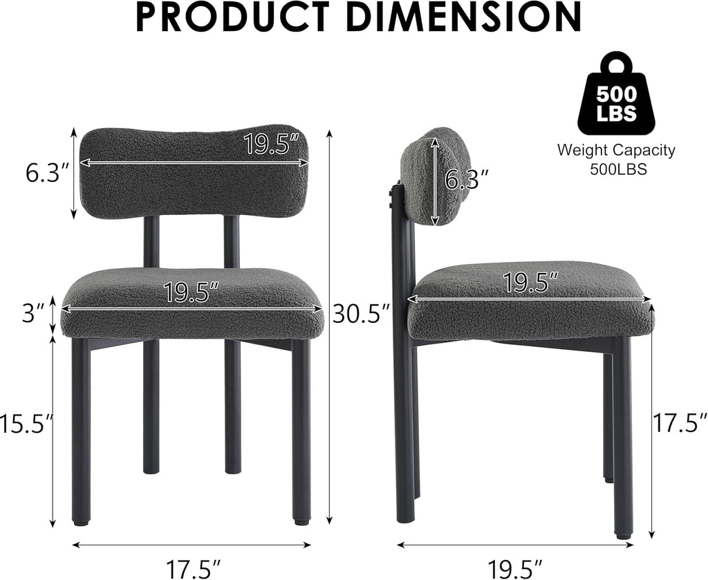 Boucle Dining Chairs Set of 2, Upholstered Kitchen Dinning Room Chair with Curved Backrest and Metal Frame