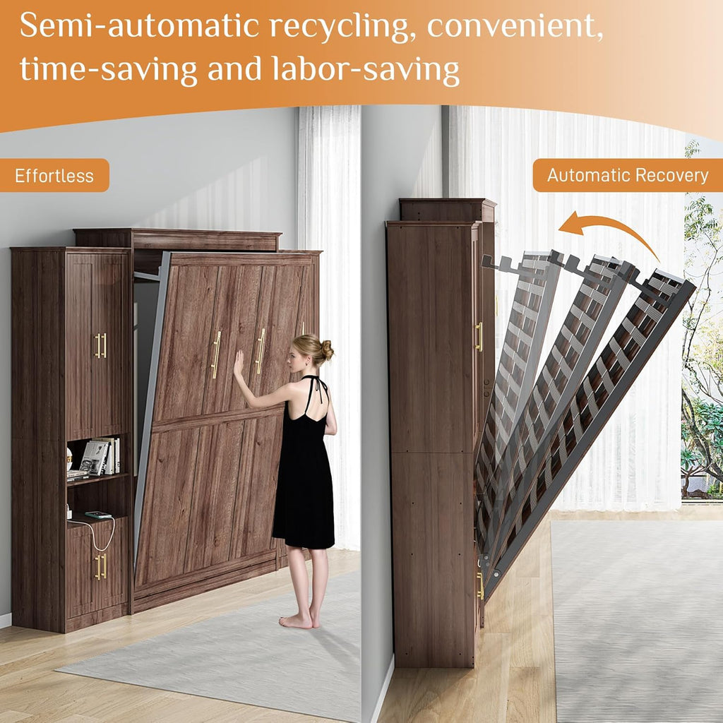 Murphy Bed Queen with 2 Side Cabinet Storage Shelves, Queen Wall Bed Cabinet with USB Port, Wood Foldable Platform