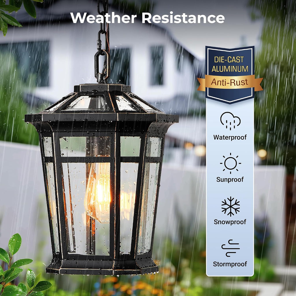 Large Outdoor Pendant Light with Adjustable Chain, Black Hanging Lights with Gold Trim