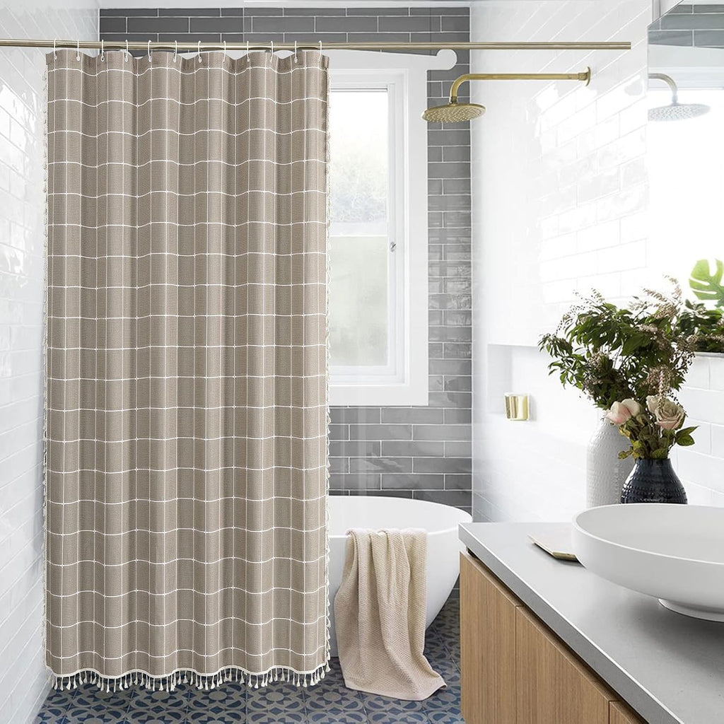 Taupe Boho Farmhouse Shower Curtain with Tassels, Rustic Bohemian Modern Bathroom Decor Heavy Thick Textured Fabric