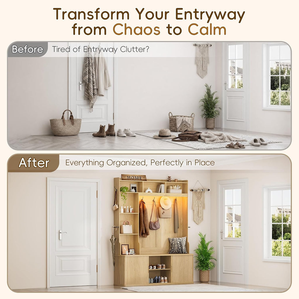 77"H 59"W Hall Tree with Bench and Shoe Storage, Entryway Bench with Coat Rack & 12 Hooks, Smart RGB LED Lighting