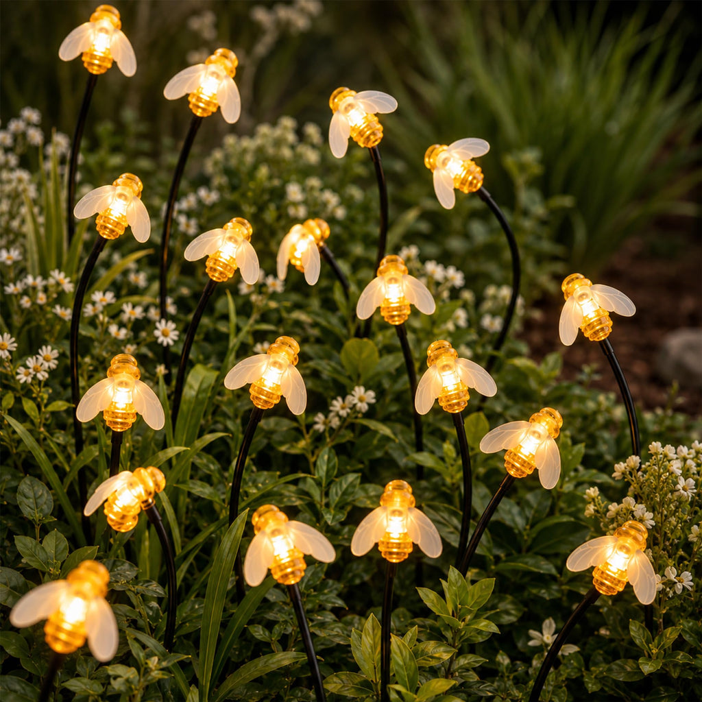 Solar Bee Garden Pathway Lights: 2 Pack 16 LED Swaying Firefly