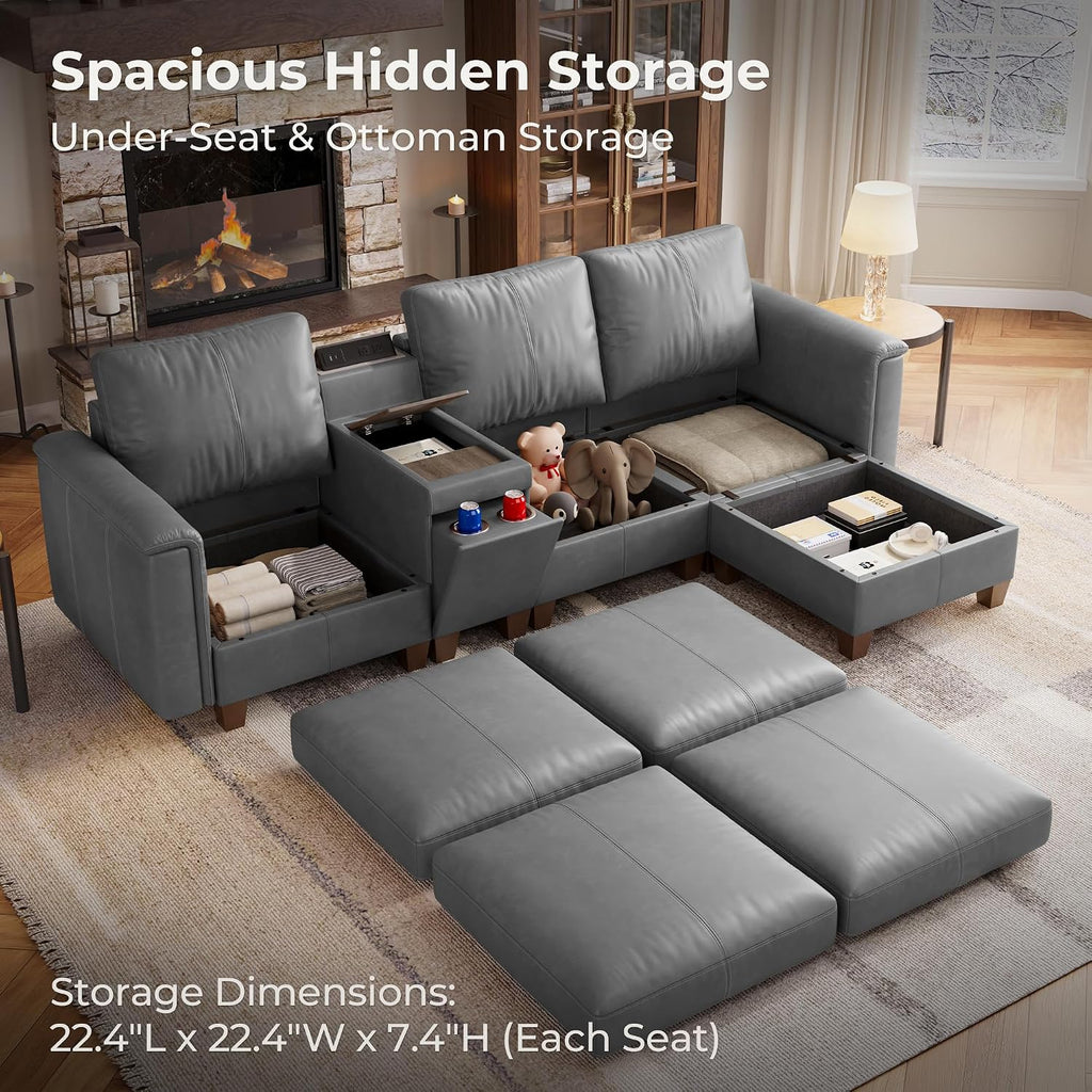 Faux Leather Modular Sectional Sofa with Storage, Mid Century Modern Sectional Couches , 105" Wide 4 Seat L Shaped