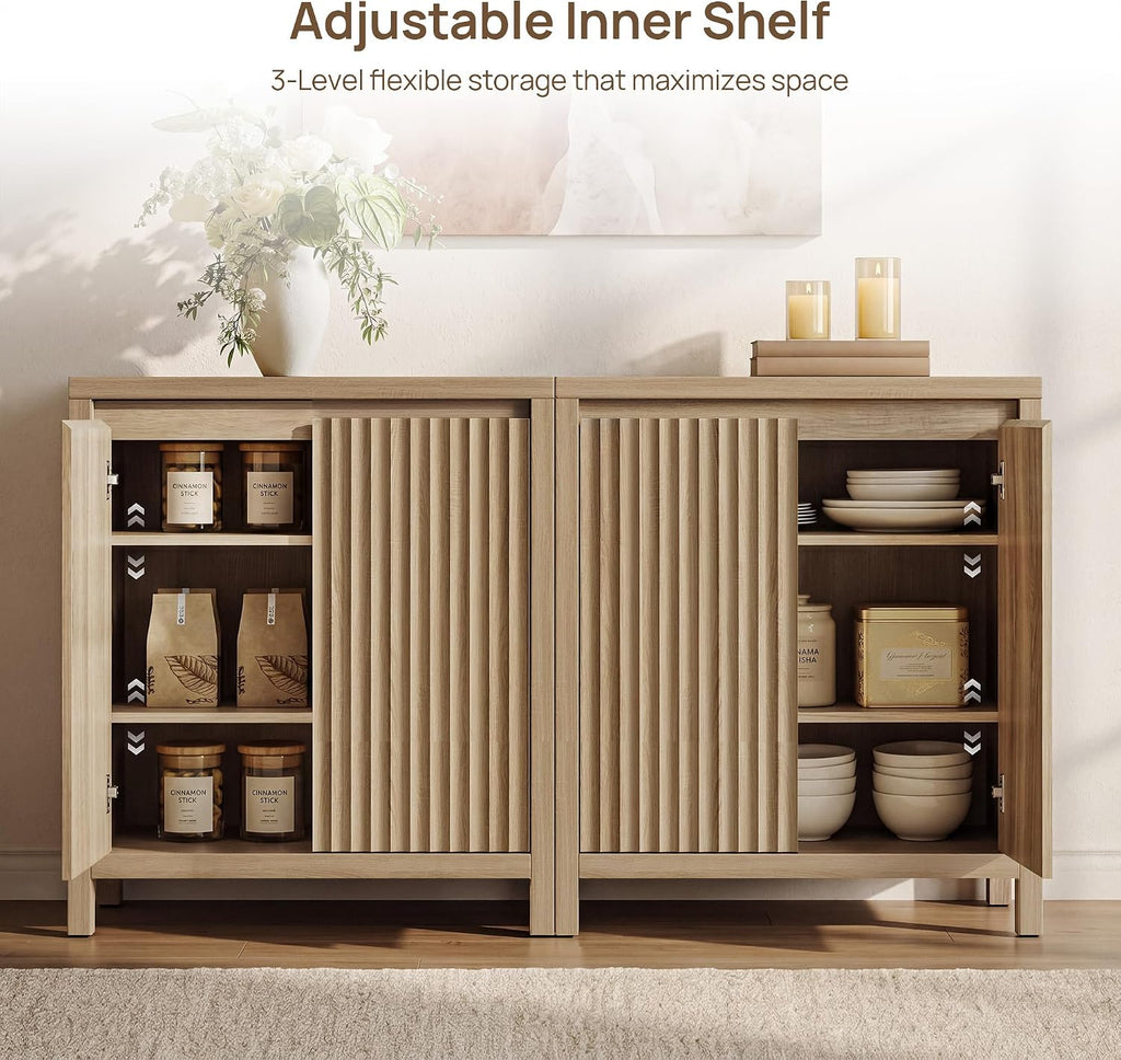 Sideboard Buffet Cabinet with Storage, Fluted Credenza Buffet Table | Console Cabinet with Adjustable Shelves