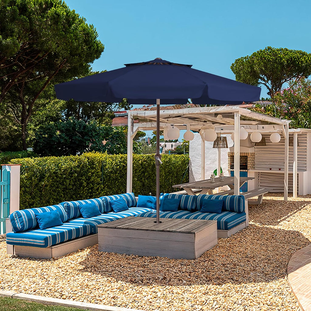9' 2-Tiers Patio Umbrellas Outdoor Market Table Umbrella w/Push Button Tilt/Crank, 8 Sturdy Ribs - Navy Blue