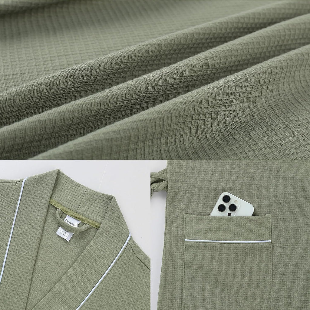 Men's Cotton Waffle Kimono Robe, Lightweight Soft Spa Shower Bathrobe, Hotel Lounge Robes for Men