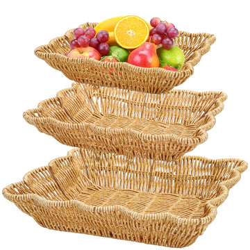 3 Pack Poly Wicker Bread Baskets, Imitation Rattan Fruit Baskets, Rectangular Tabletop Woven Serving Baskets Trays