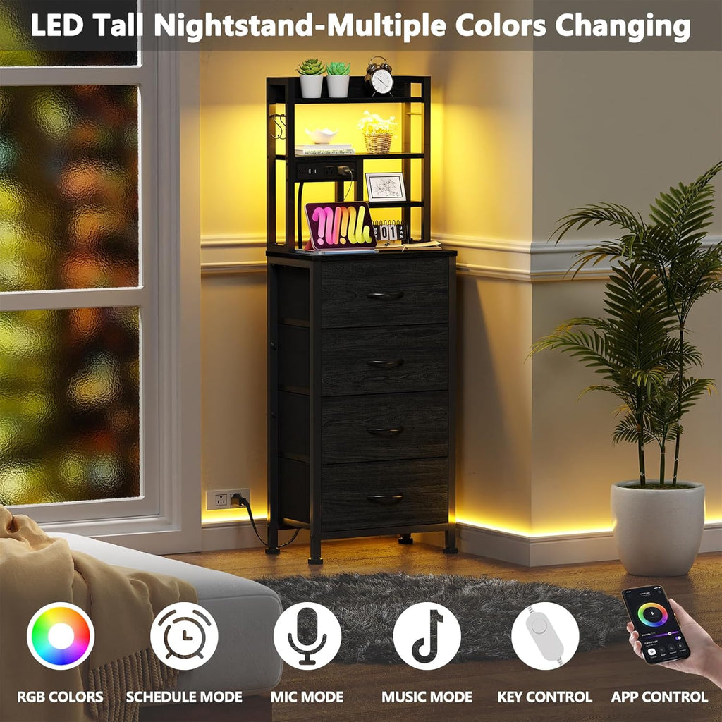 Tall Nightstand, LED Night Stand with Charging Station and USB Ports, 4 Fabric Drawers and 4 Tier Storage Shelf