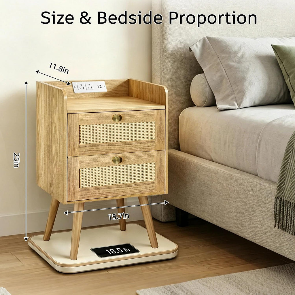 Nightstands Set of 2 with Charging Station, Modern Boho Rattan Bedside Tables with 2 Drawers,Open Storage End Tables