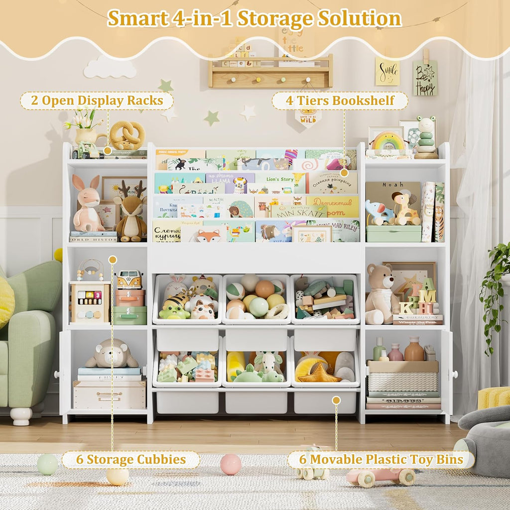 Toy Storage Organizer with 6 Toy Bins & 4 Tier Kids Bookshelf | Toy Organizer with 6 Cubbies, Kids Toy Organizers and