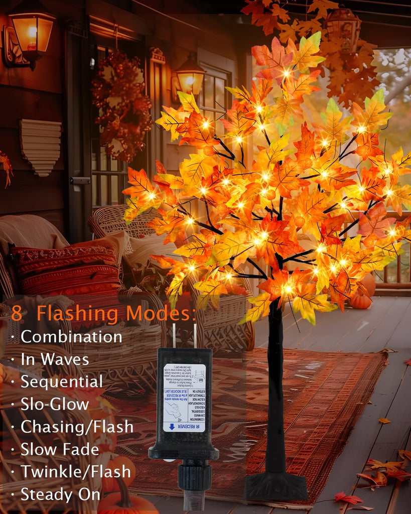 4FT Fall Lighted Maple Trees with 48 LEDs Lights 12 Pumpkins Fake Fall Light Up Tree Artificial Autumn Maple Trees