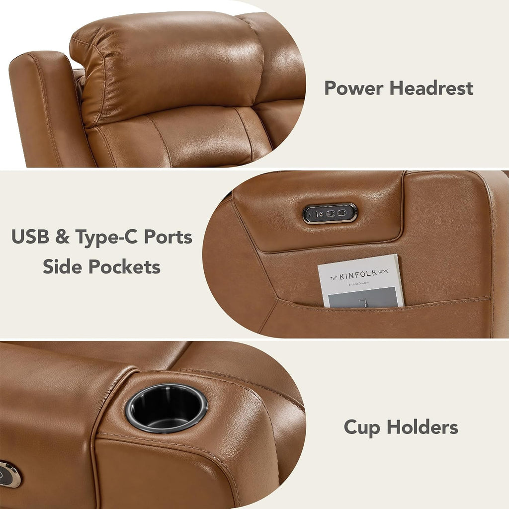 Genuine Leather Power Loveseat Recliner Sofa, Lay Flat Loveseat Reclining Sofa with Power Headrest, Cup Holders, USB