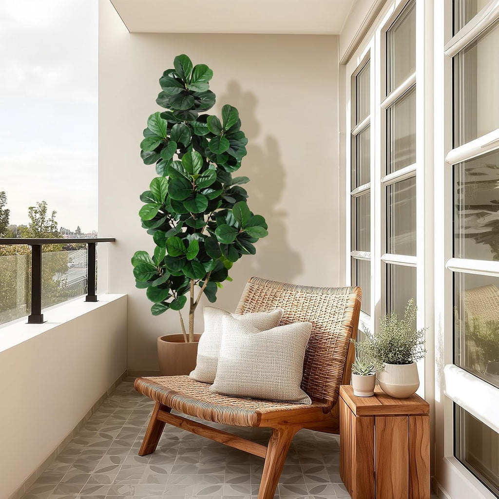 7ft Artificial Fiddle Leaf Fig Tree, 141 Realistic Faux Ficus Lyrata Leaves with 3D Veins, 9in White Ceramic Planter