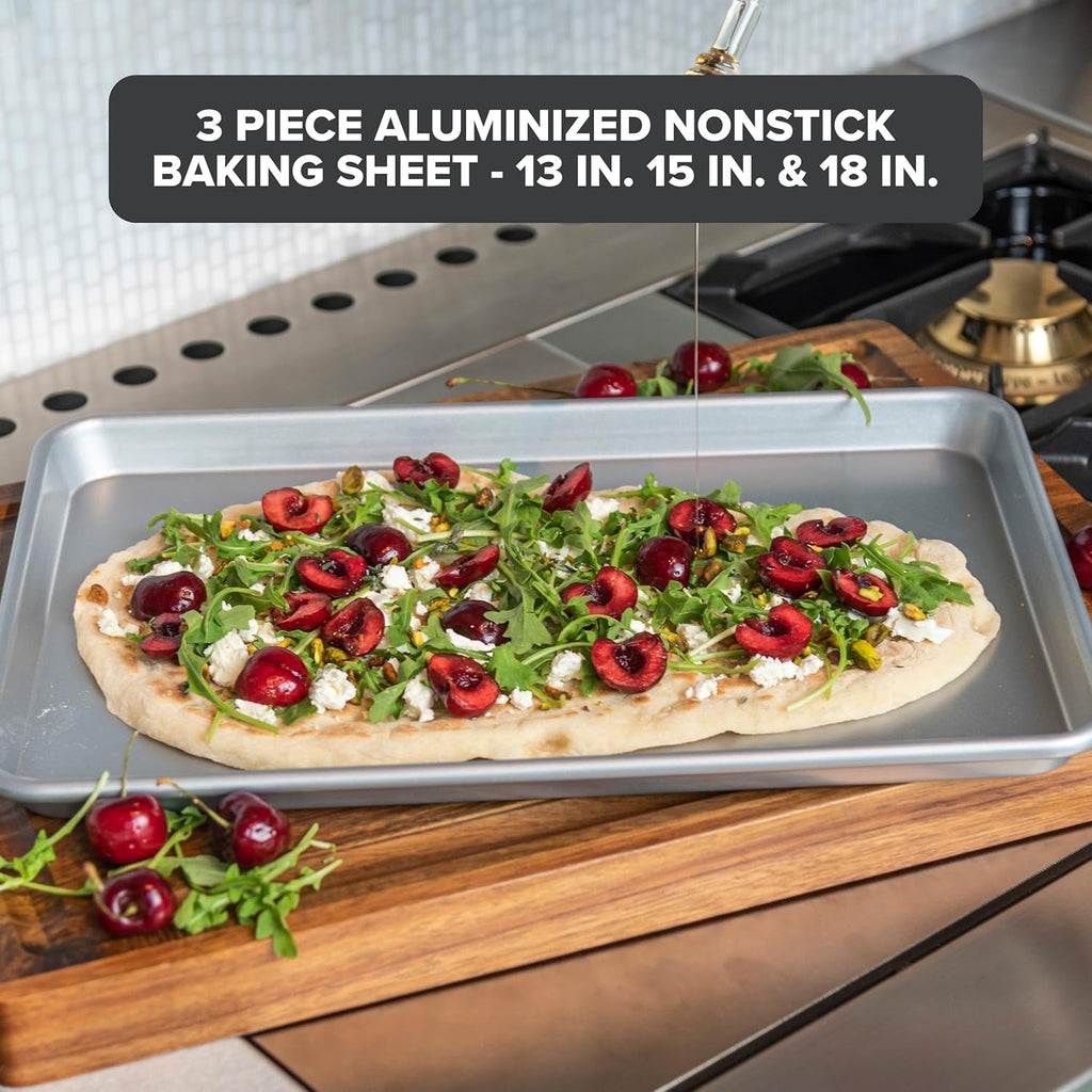 Premium 3-Piece Nonstick Sheet Pan Set, Made without PFAS, Heavy Gauge Aluminized Steel Cookie Sheets with Reinforced