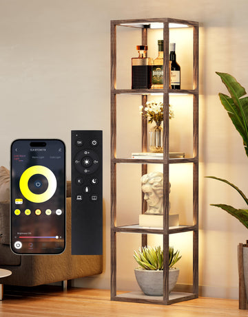 Floor Lamp Glass Display Shelf with Remote/APP Control, Dimmable LED Floor Lamp with Shelves, Open Display Cabinet