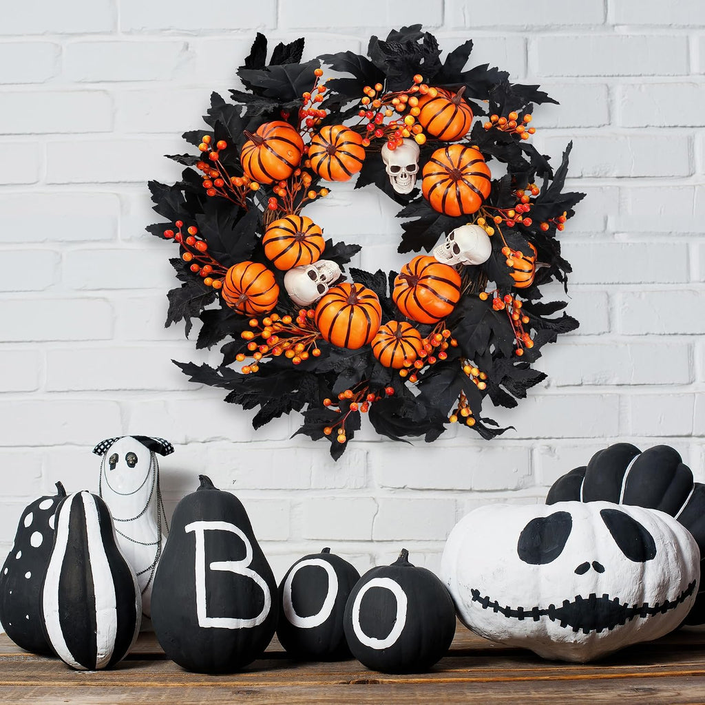 Halloween Wreath with Artificial Pumpkin Handmade Black Maple Leave Skull Pumpkin Orange Berries 20''Front Door