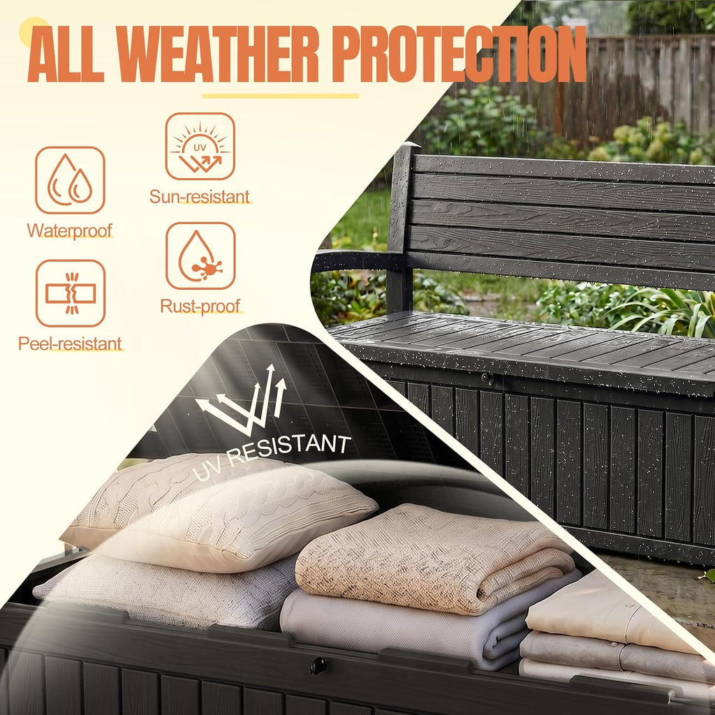 Storage Bench Outdoor Deck Box,100 Gallon Waterproof & UV Resistant Lockable Patio Furniture Seating.Indoor/Outdoor