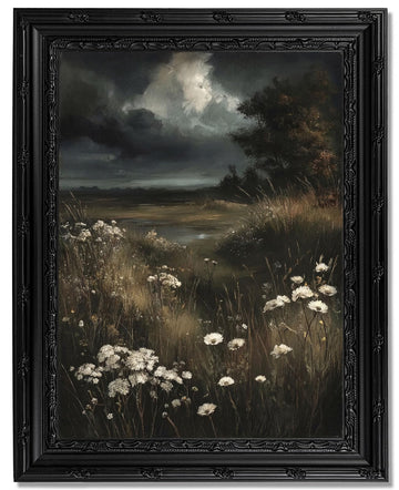 Dark Moody Landscape Framed Wall Art, Vintage Gothic Wildflower Meadow Canvas Print with Ornate Black Carved Frame